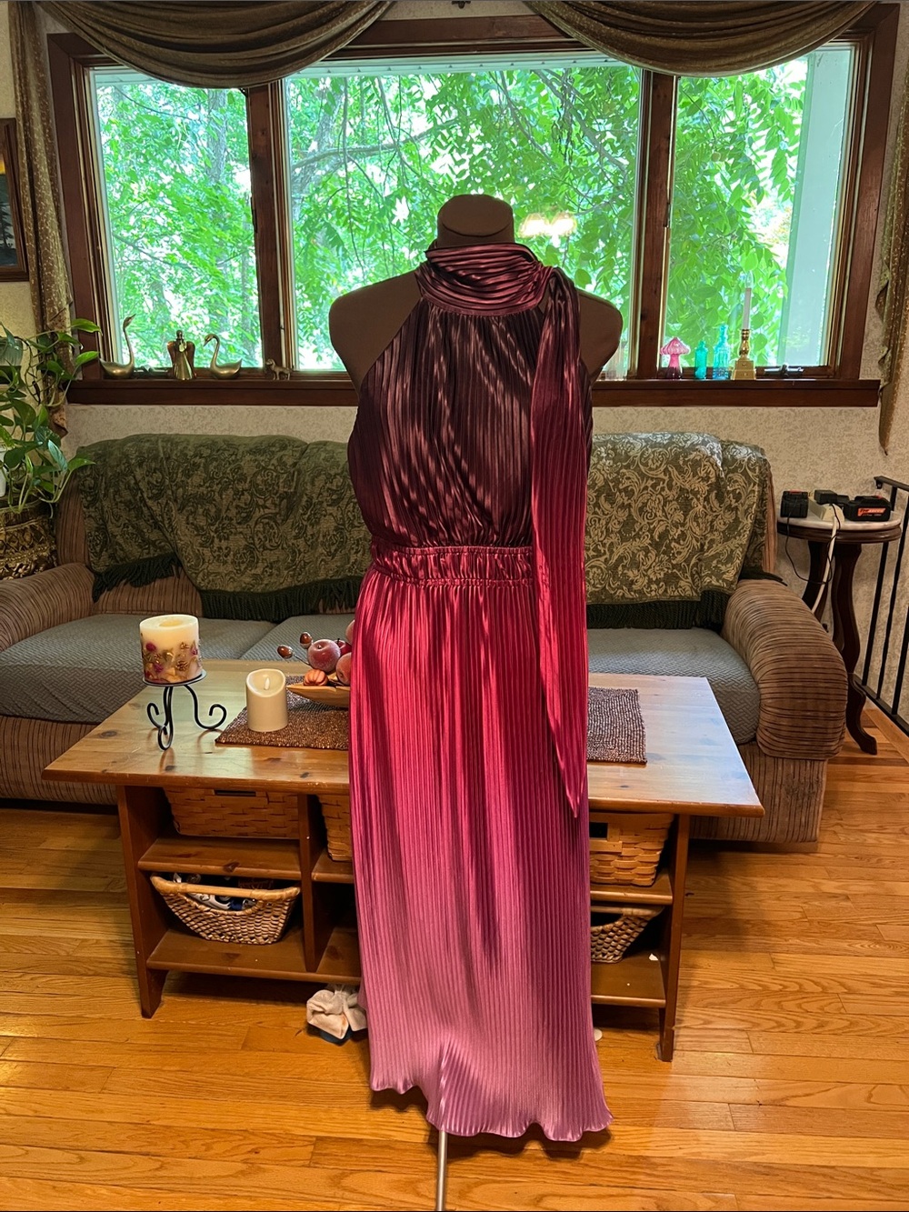 Anne Klein Ombre Magenta-to-Rose Pleated Halter Maxi Dress